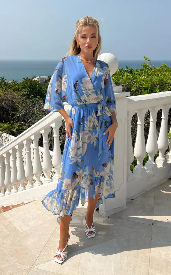 blue floral kimono dress Destination Chic Floral Kimono Maxi Dress L / blue
