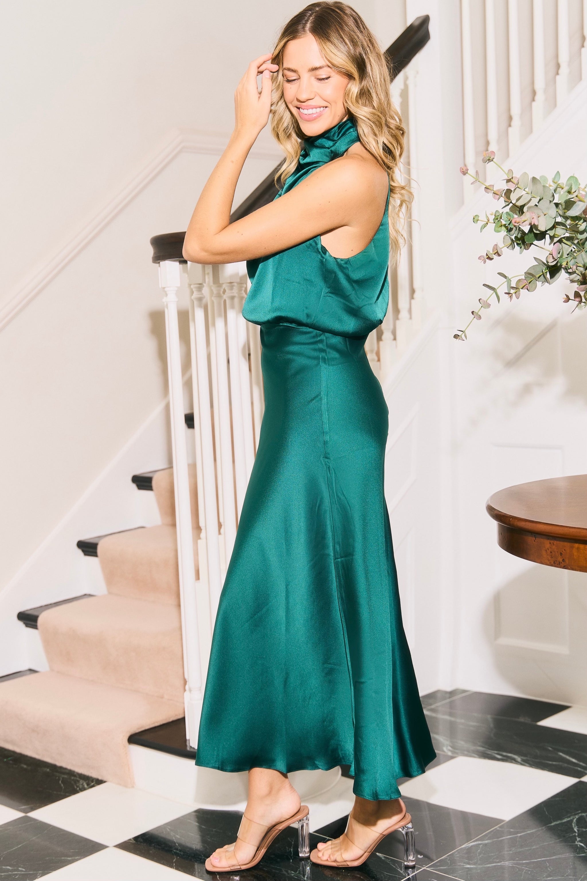 Ruched Asymmetric High Neck Satin Midi Dress – Urban Touch