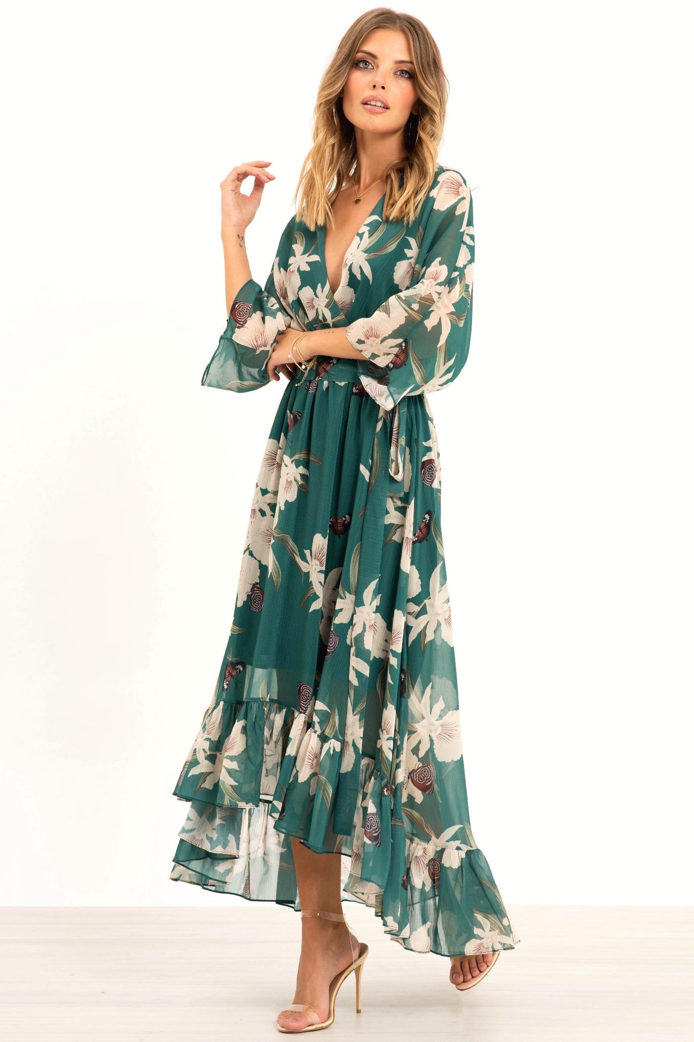 green kimono wrap dress Fukuaya Kimono Satin Wrap Mini Dress – Kurru Kurru main image 1