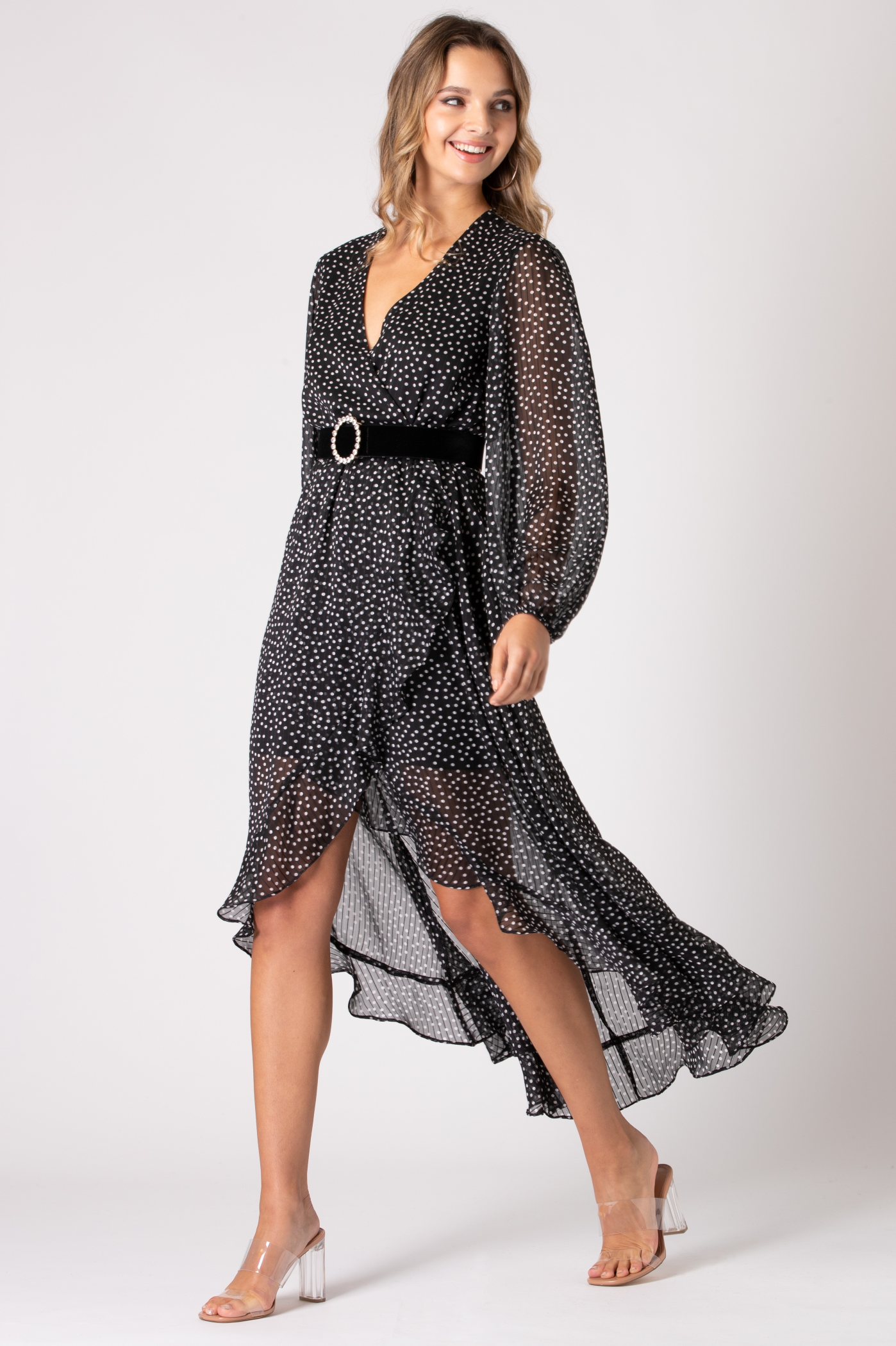 Dot Print Long Sleeve Wrap Dress Urban Touch