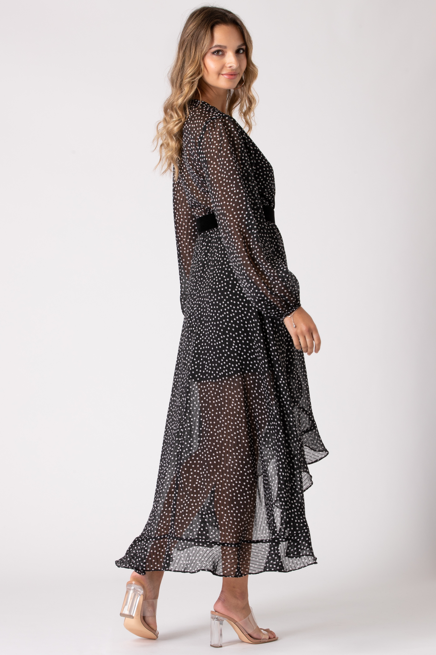 Long sleeve polka dot wrap dress hotsell