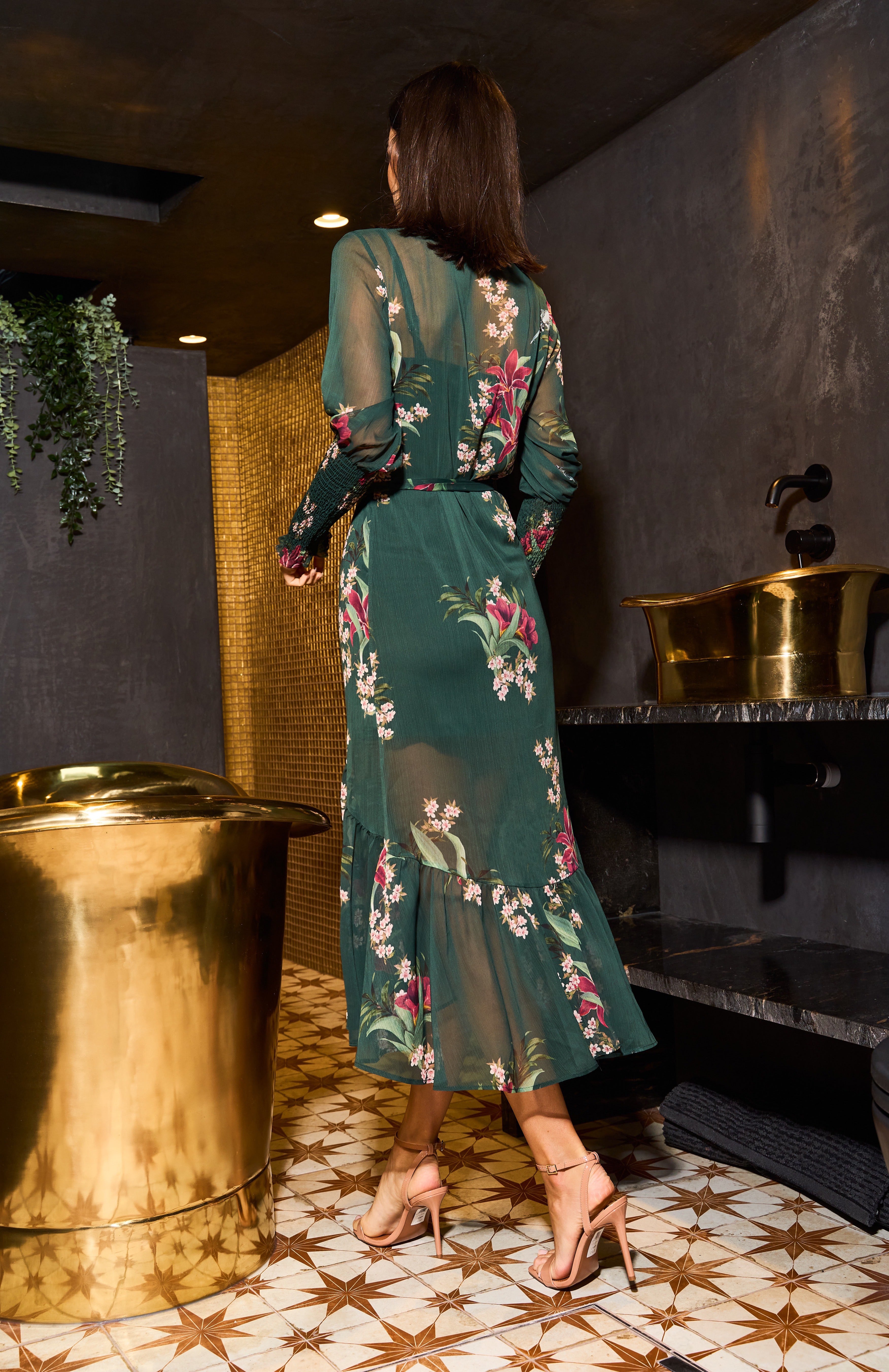 Floral Print Long Sleeve Midi Dress with Button Urban Touch Floral Print Long Sleeve Midi Dress with Button Urban Touch
