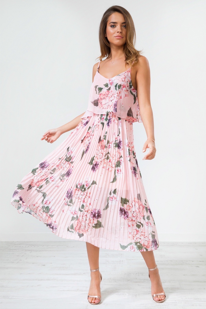 Pleated floral midi dress hot sale