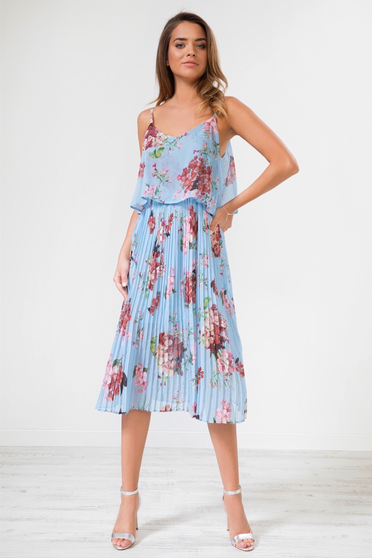 Floral Print Pleated Cami Midi Dress Urban Touch