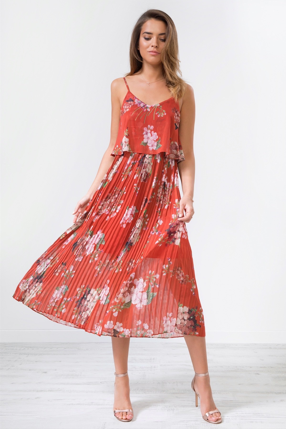 Floral Print Pleated Cami Midi Dress Urban Touch