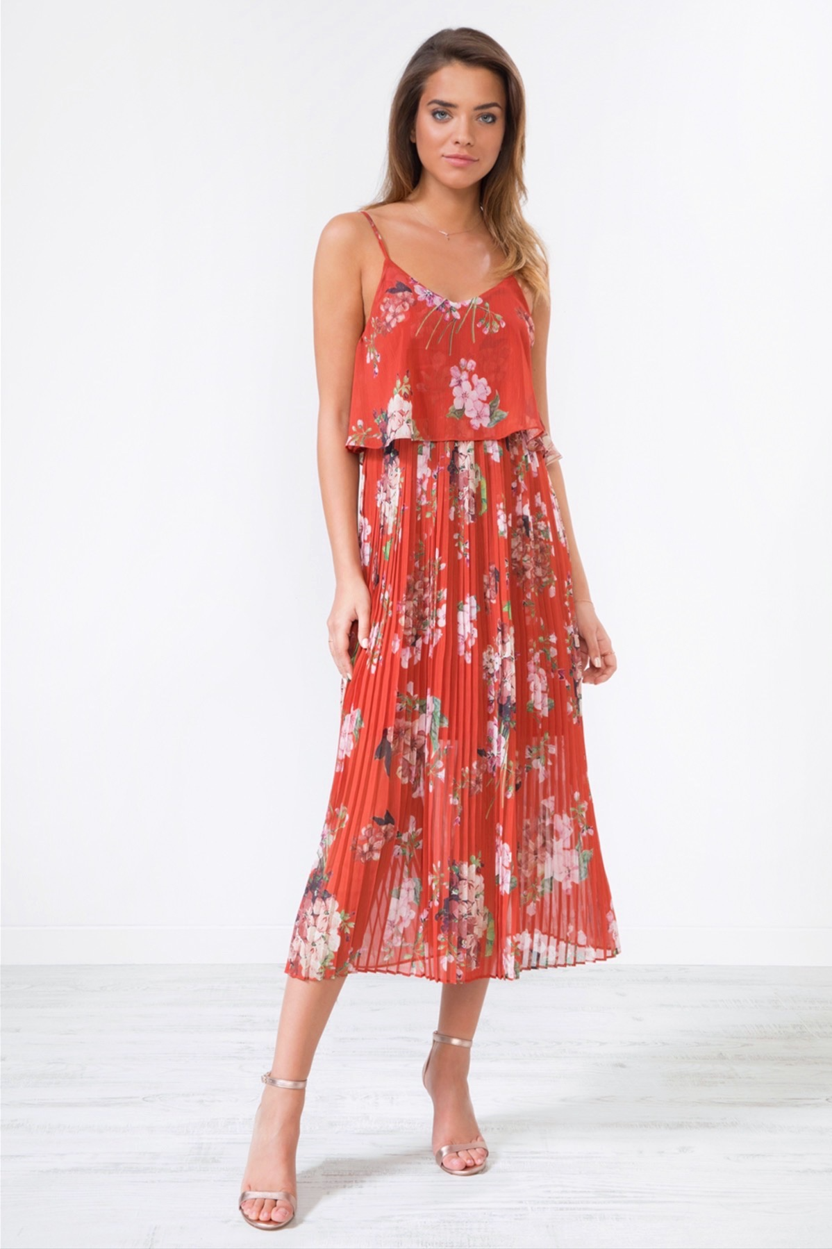 Double layer pleated cami midi dress clearance