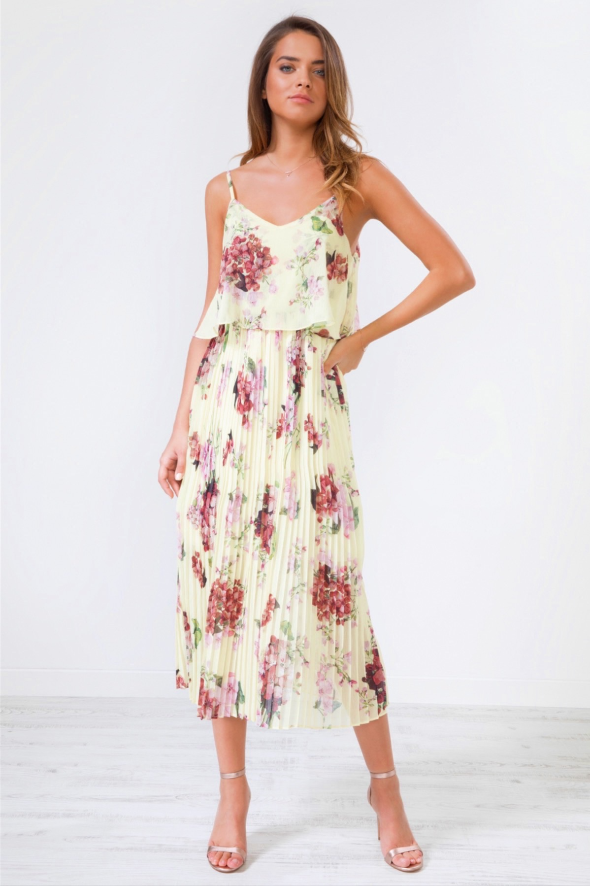 Floral Print Pleated Cami Midi Dress Urban Touch