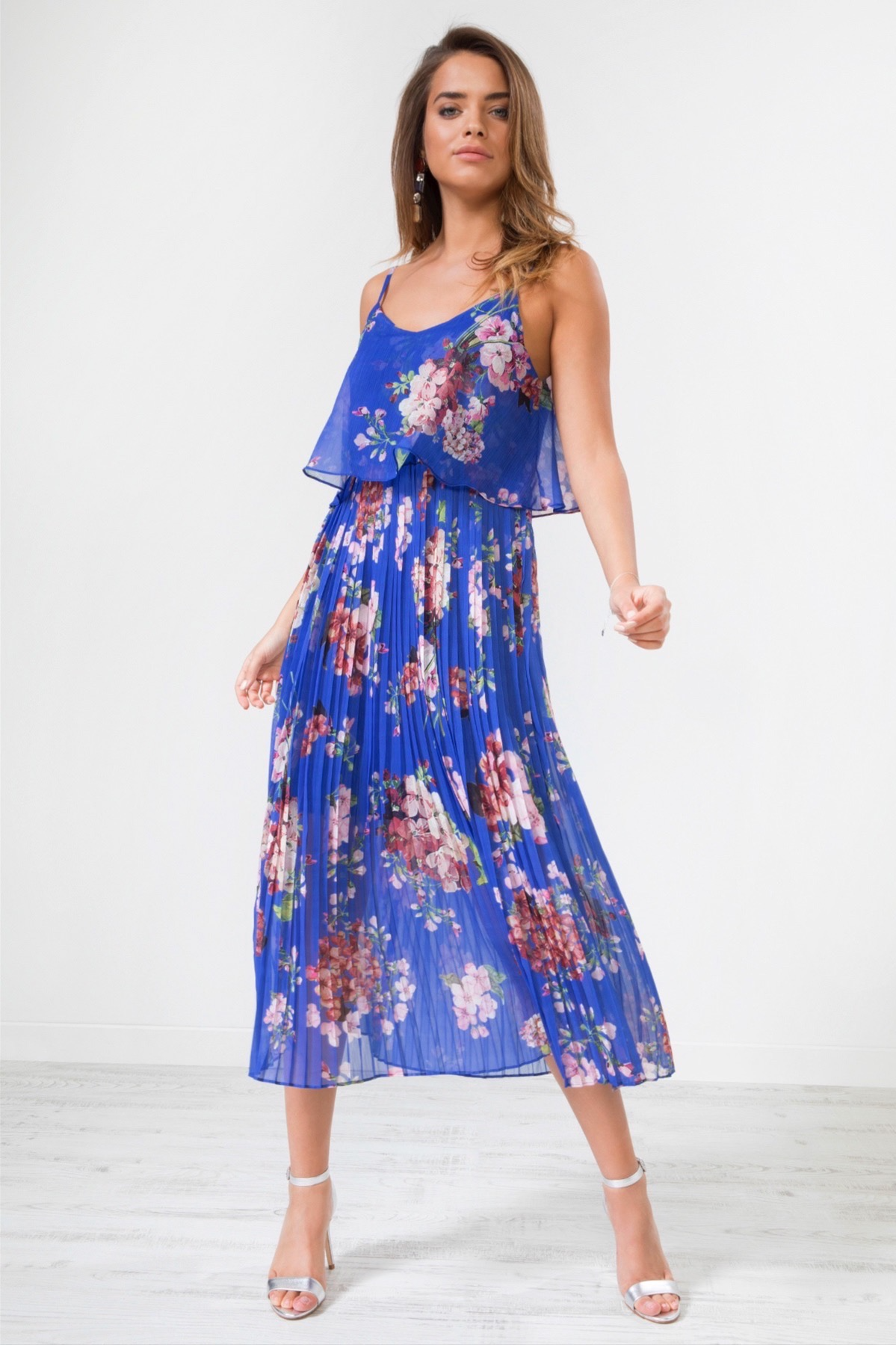 Blue floral pleated midi dress best sale