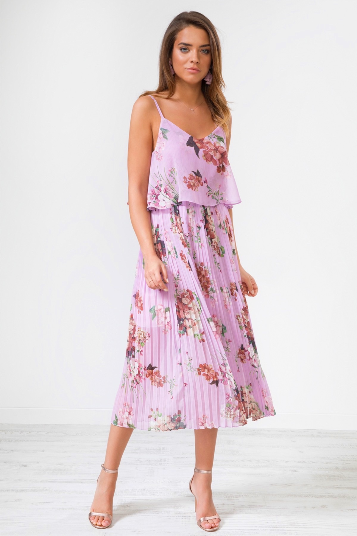 floral print pleated cami dress Yellow Floral Print Pleated Cami Midi Dress | URBAN TOUCH