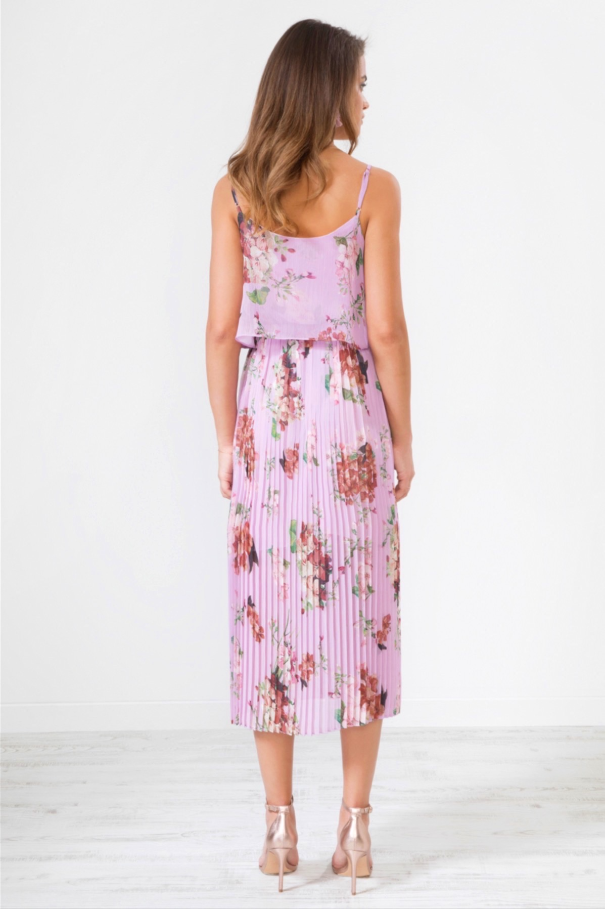 Floral Print Pleated Cami Midi Dress