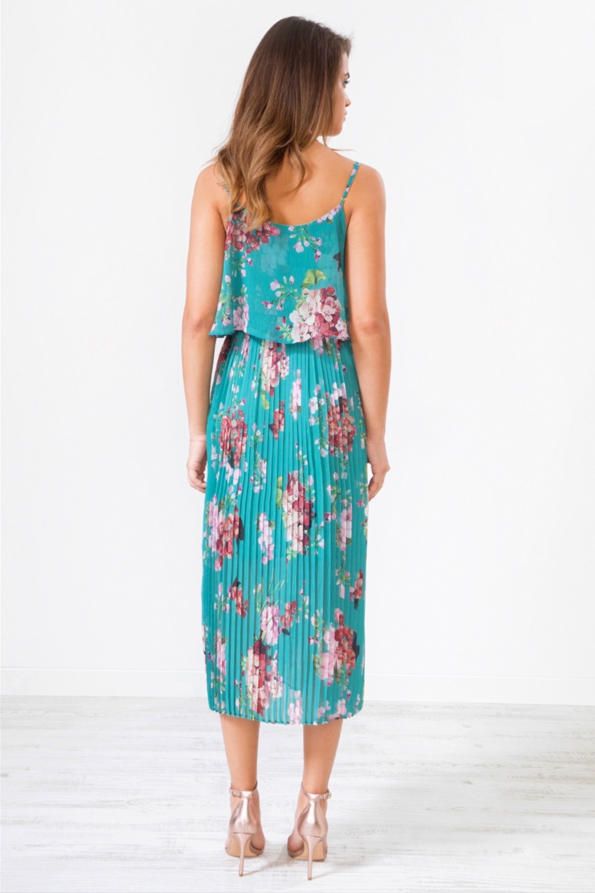 Floral Print Pleated Cami Midi Dress