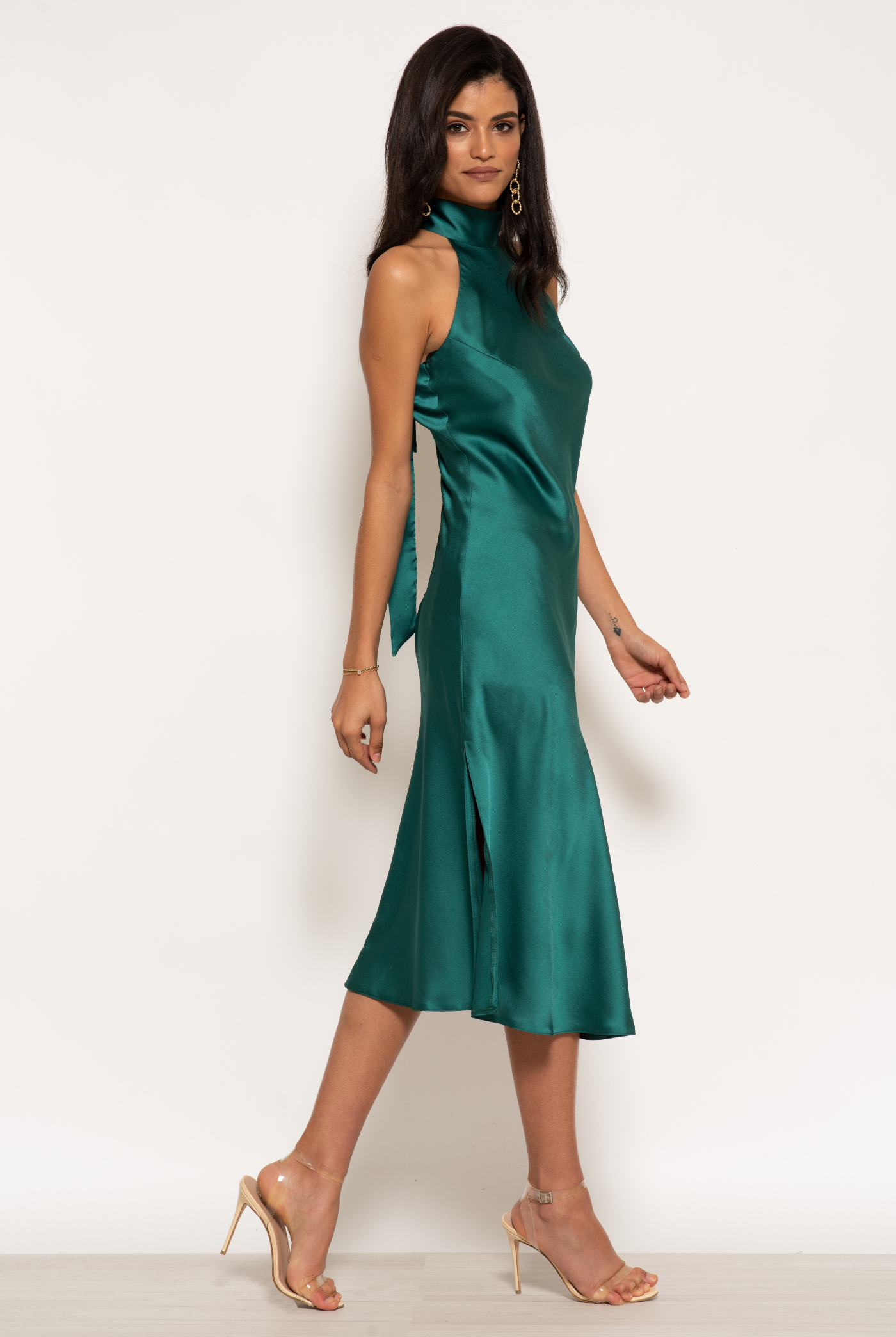 knee length dresses for ladies Olive Satin Halter Neck Side Split Midi Dress – AX Paris main image 0