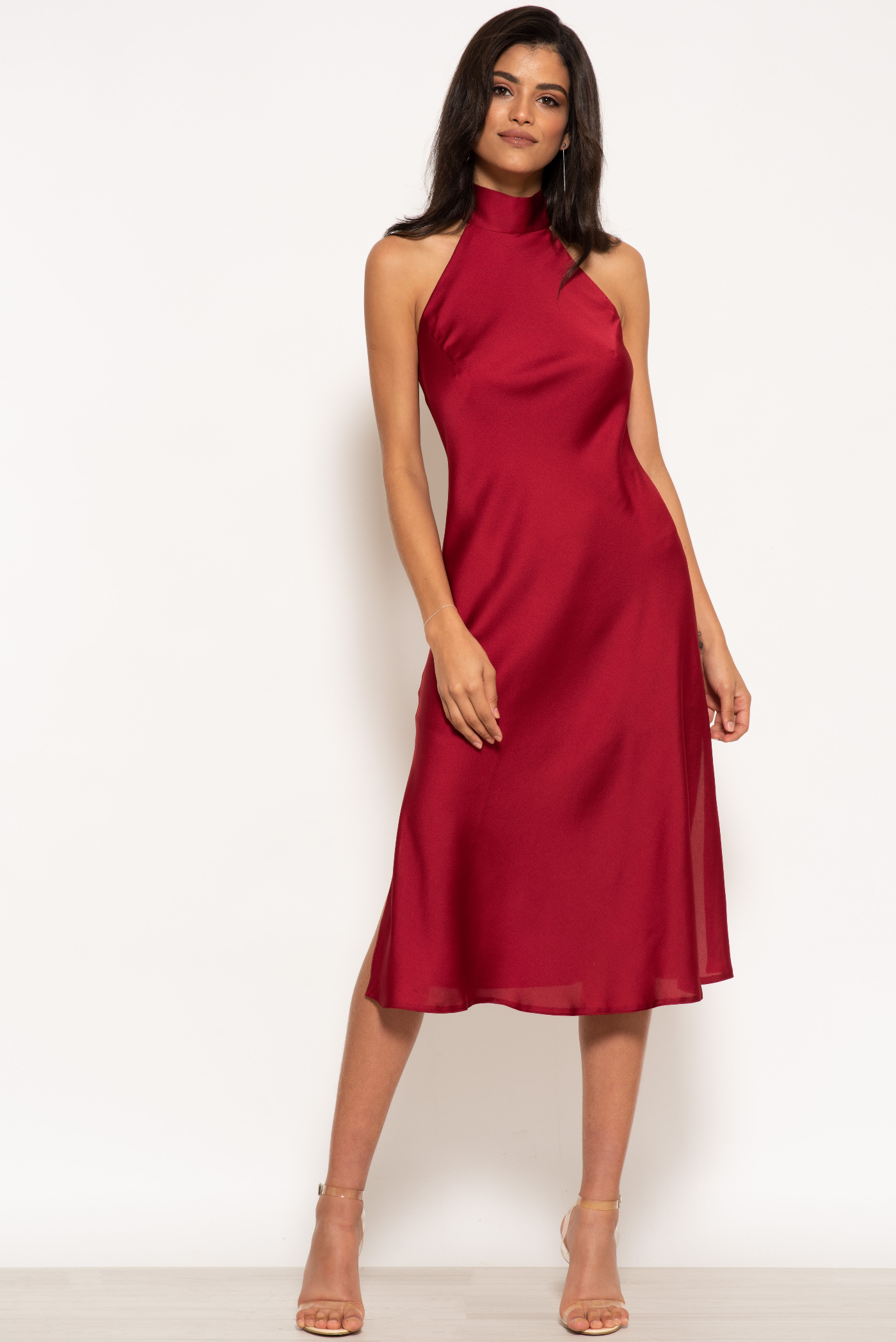 Red halter deals neck midi dress