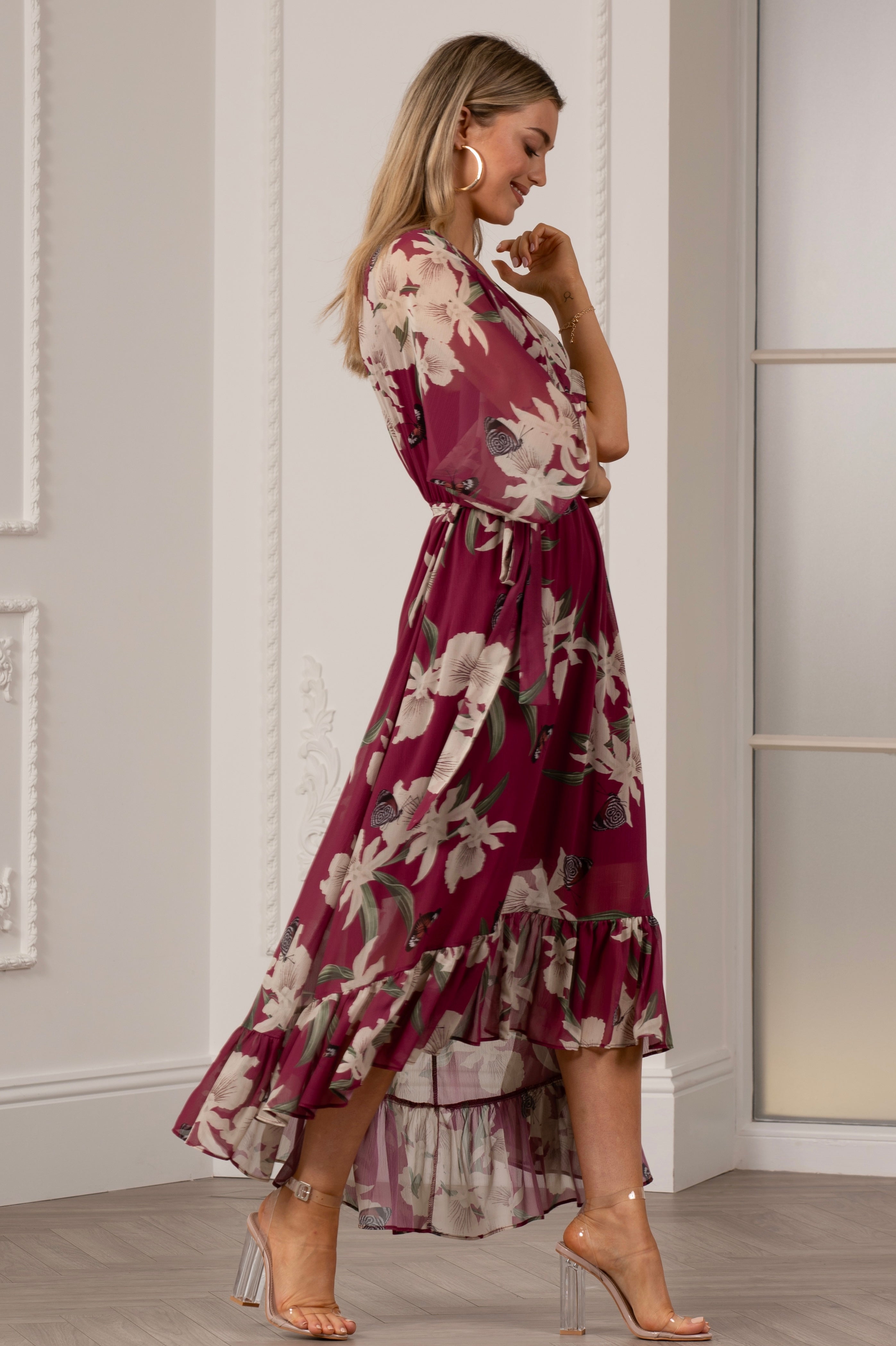 Maroon floral wrap dress cheap